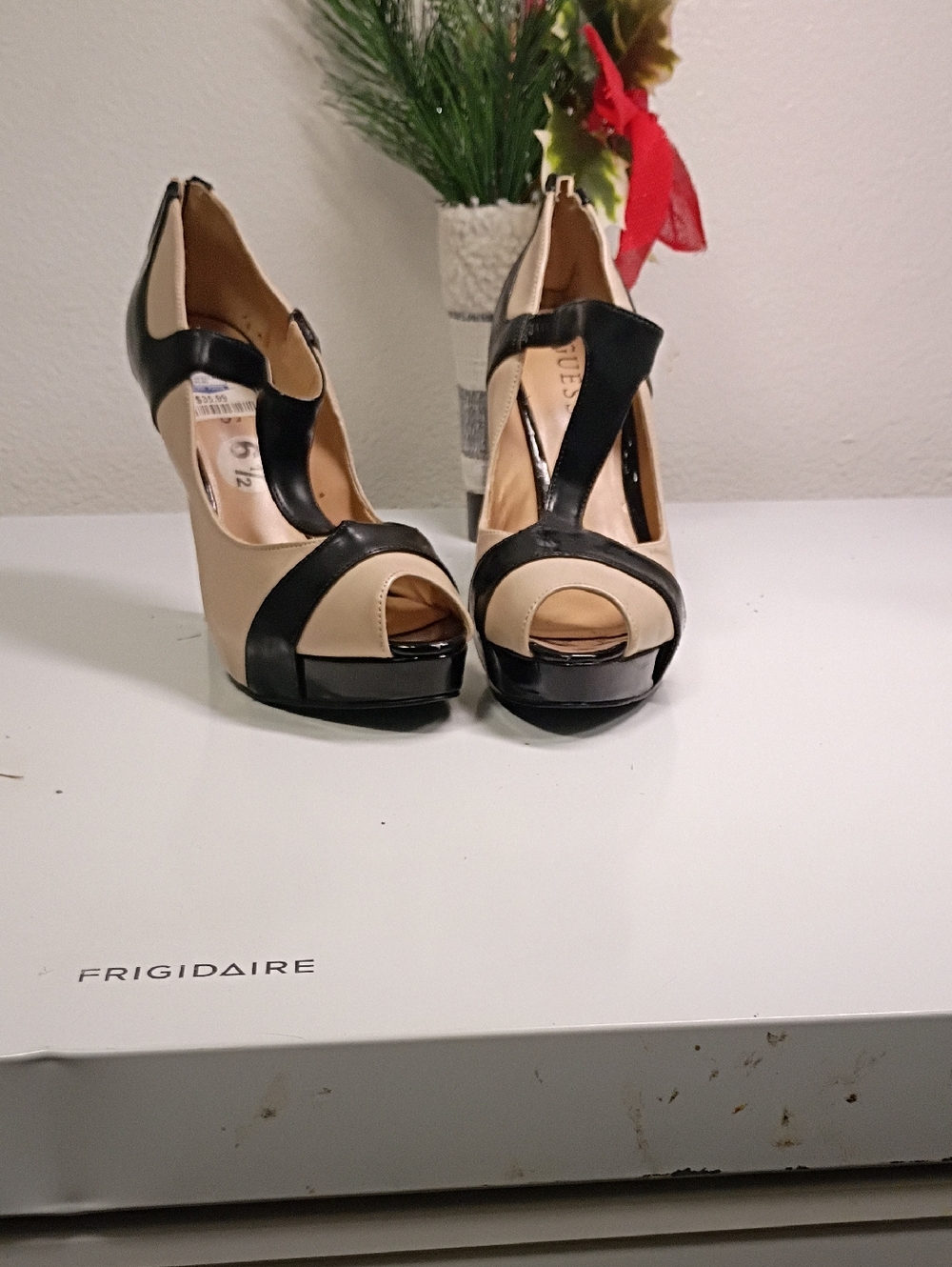 Two-Tone Peep-Toe Platform Heels in Black & Beige